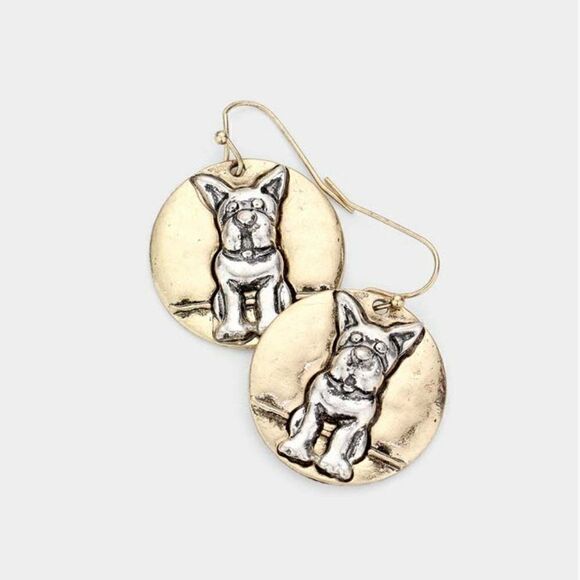 Bulldog Accented Two Tone Metal Round Dangle Earrings - Picture 1 of 6